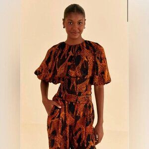 Farm Rio Black Giraffes Puff Sleeve Blouse Size XS